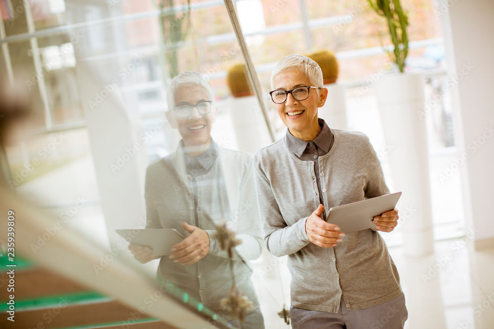 Pretty, positive, aged woman with beaming smile holding tablet Pretty, positive, aged woman with beaming smile holding tablet