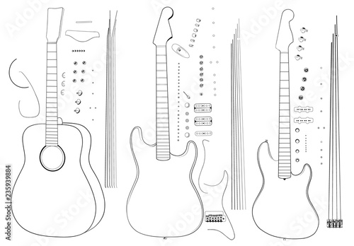 Three guitars: bass, electro and acoustic in vector illustration. Exploded version.