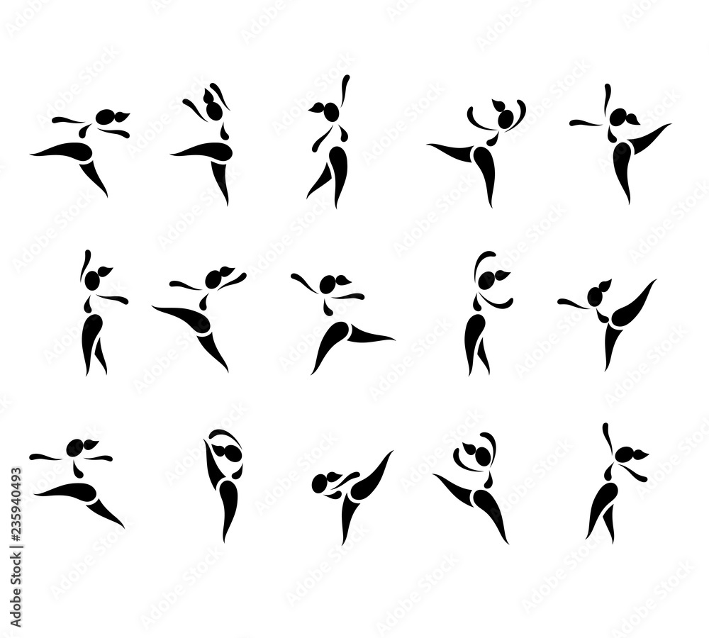 Icons for activity like dance female figure. This illustration of woman dancing, yoga, aerobics, acrobatics, gymnastics, sports. Icons for activity like dance female figure. This illustration of woman dancing, yoga, aerobics, acrobatics, gymnastics, sports.