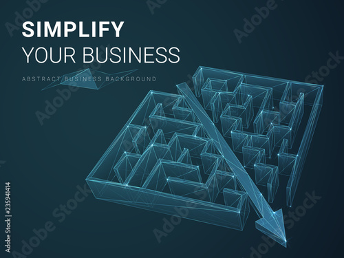 Abstract modern business background vector depicting simplification with stars and lines in shape of an arrow piercing through a labyrinth on blue background.