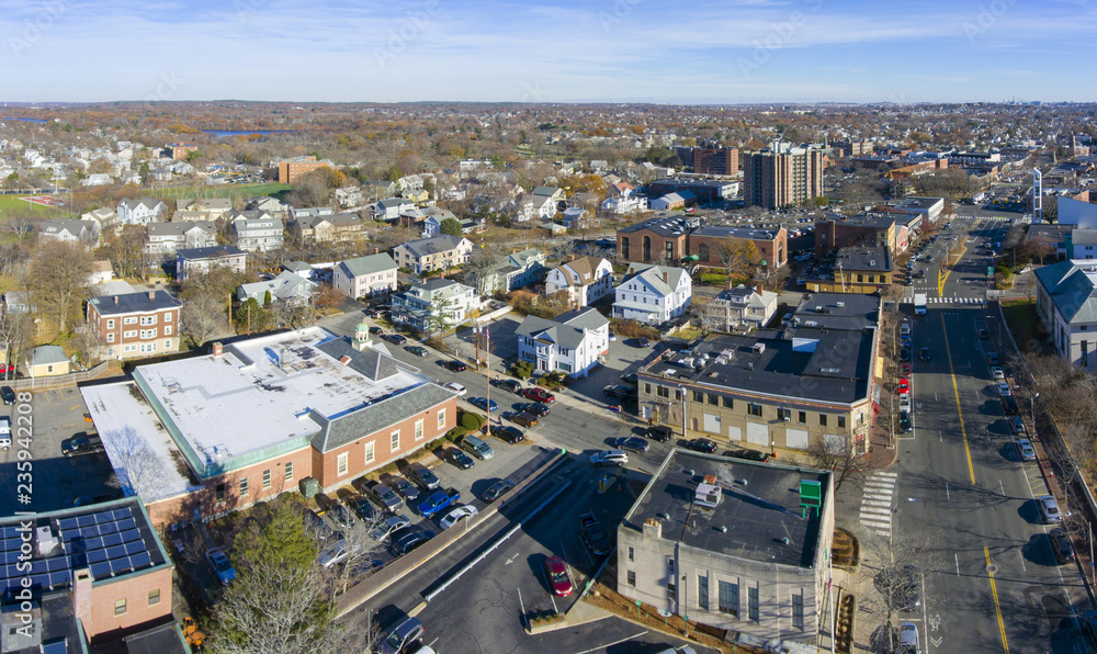 Aerial view of Arlington historic town center in Arlington, Massachusetts, USA.