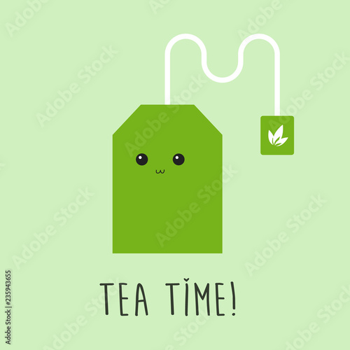 Cute green tea bag character with smiling face and tea time text. 