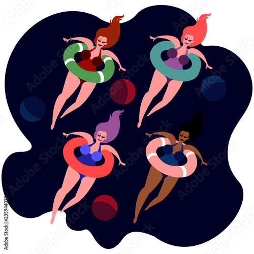 Obraz na plátně body-positive plus size cute synchronized swimming team in colored swimsuits