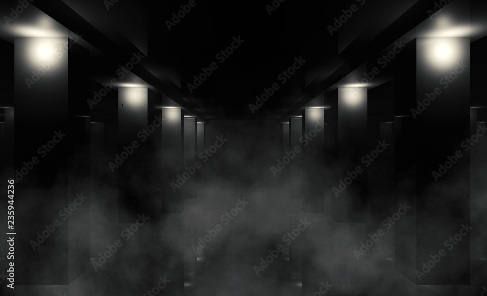 Empty dark wall background, concrete floor neon light, laser beams, smoke, fog, night
