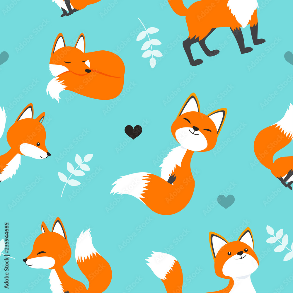 Cute red fox seamless pattern vector illustration. Cartoon fox on Turquoise color background. Cute red fox seamless pattern vector illustration. Cartoon fox on Turquoise color background.