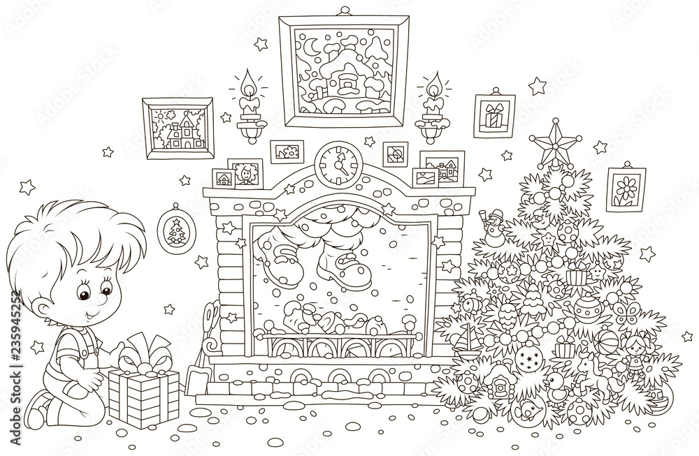 Little boy with his gift near a decorated Christmas tree, a fireplace and Santa who hid in a chimney, black and white vector illustration in a cartoon style for a coloring book Little boy with his gift near a decorated Christmas tree, a fireplace and Santa who hid in a chimney, black and white vector illustration in a cartoon style for a coloring book