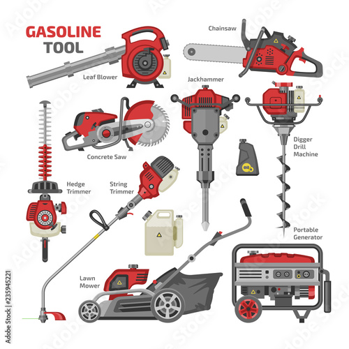 Power tools vector electric construction equipment circular-saw and gardening lawn mower trimmer leaf-blower illustration machinery set of jackhammer drill machine isolated on white background