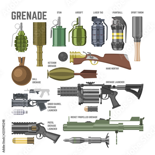 Gun vector military weapon grenade-gun army handgun and war automatic firearm or rifle with bullet illustration set of stun shotgun or grenade launcher isolated on white background