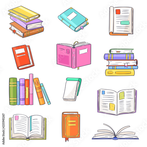 Books vector opened diary story-book and notebook on bookshelves in library or bookstore illustration set of bookish cover of school literature handbook isolated on white background
