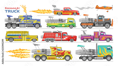 Jet truck vector afterburning race car and flamy drag racing on speedcar on sport event racetrack illustration set of shockwave jet-truck afterburner vehicle fire isolated on white background