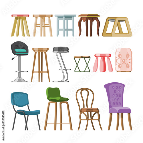 Chair vector comfortable furniture stool bar-chair and modern bar seat design in furnished bistro cafe interior illustration set of armchair or easy-chair isolated on white background