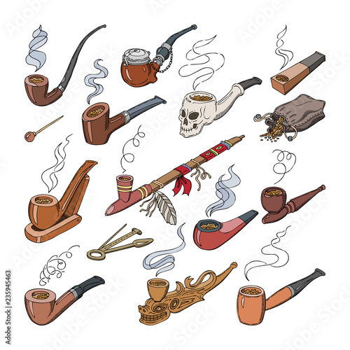 Tobacco pipe vector vintage nicotine smoker object classic retro smoking-pipe product illustration smoky set of old smoke accessory isolated on white background