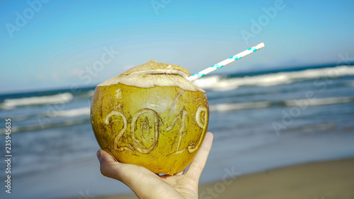 Coconut with straw with 2019 drawing on the beach near the sea with New year winter holiday concept photo