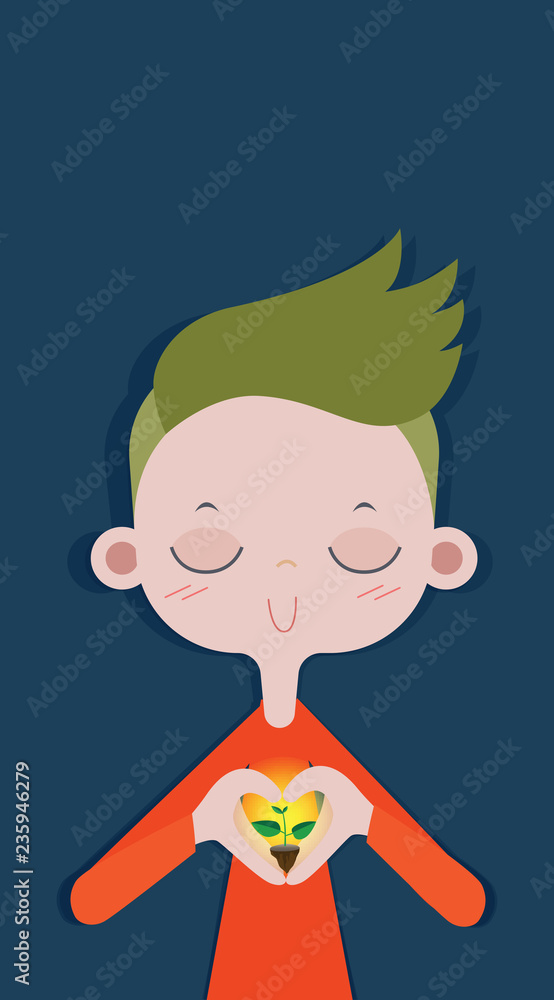 Boy are doing heart-shaped hands. And the trees began to grow, the concept of trees. Vector cartoon illustration Boy are doing heart-shaped hands. And the trees began to grow, the concept of trees. Vector cartoon illustration