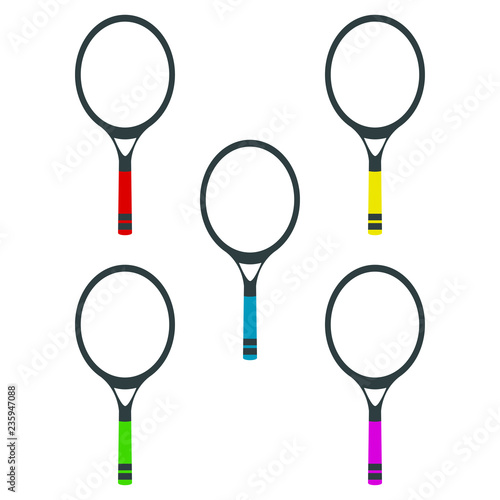 Tennis. Racket. Vector illustration. White background. EPS 10. A set of tennis rackets with multi-colored handles. Sport. photo