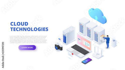 Cloud technologies design concept with people. Isometric vector illustration. Landing page template for web.