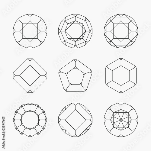 Circle shapes, mandalas, crystals, gemstones isolated on white background