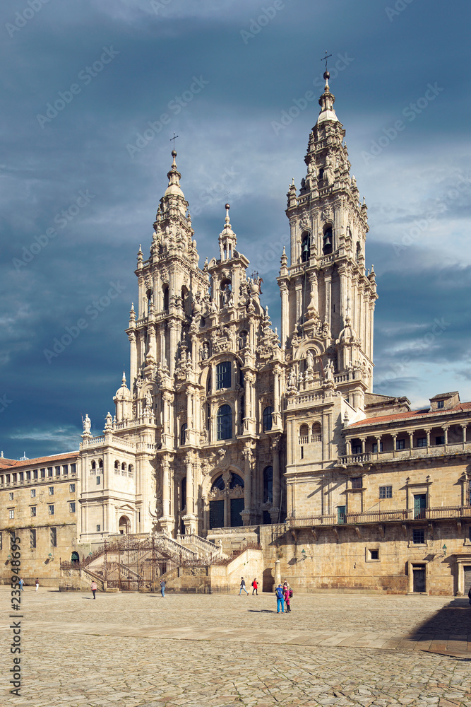 Cathedral of Santiago de Compostela with the new restored facade from Obradoiro square. Pilgrims destiny of Camino de Santiago Galicia Spain