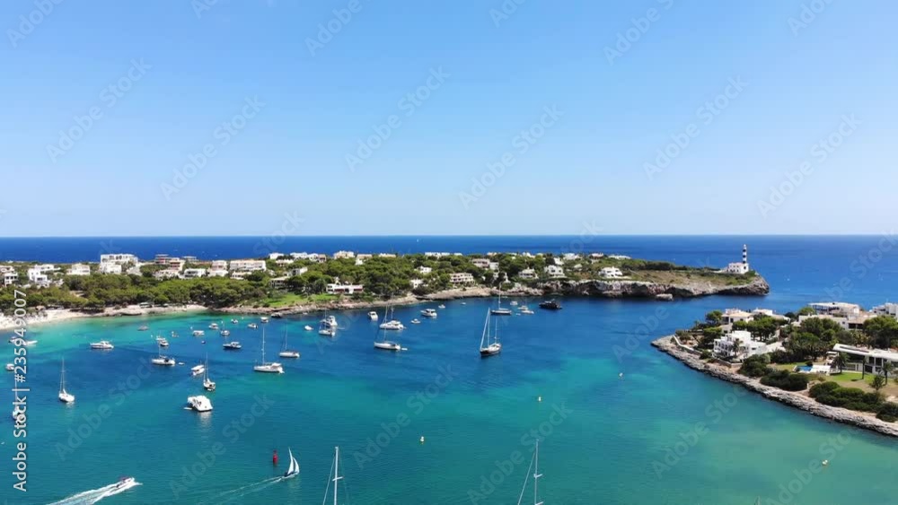 Aerial view, Flight over Portocolom, Punta de ses Crestes, Mallotca, Spain Aerial view, Flight over Portocolom, Punta de ses Crestes, Mallotca, Spain