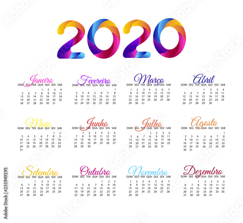 2020 calendar in  portuguese vector. Annual calendar layout grid.