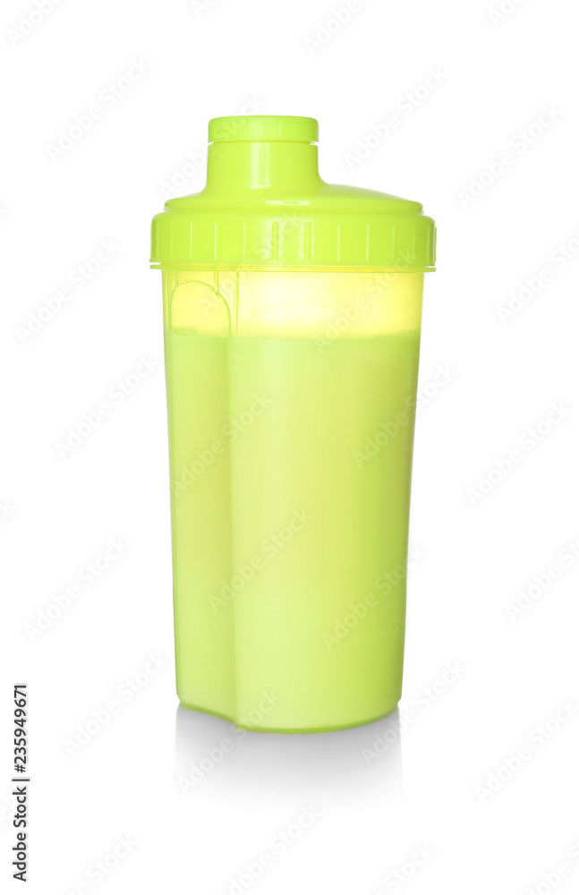 Protein shake in sport bottle isolated on white Protein shake in sport bottle isolated on white