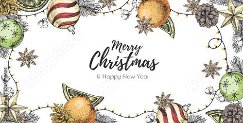Christmas holiday hand drawign poster. Christmas greeting card photo
