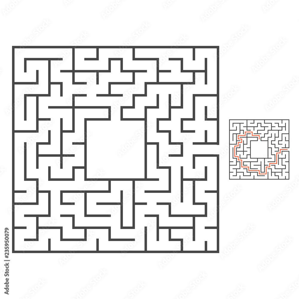 Abstract square maze. Game for kids. Puzzle for children. Labyrinth conundrum. Flat vector illustration. With answer. With place for your image. Find the right path.