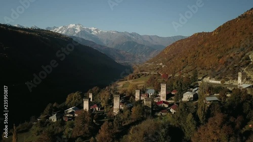 Georgia. Svaneti. A small village in the mountains. houses with towers aerial survey photo