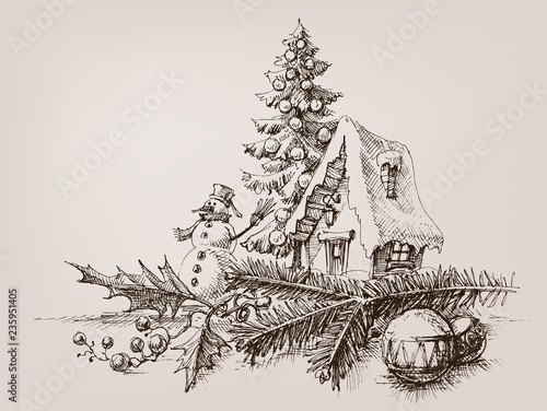Christmas ornaments, various toys and Christmas tree