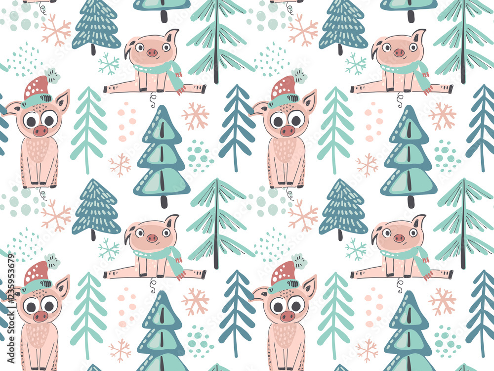 Vector seamless pattern with cute piglets