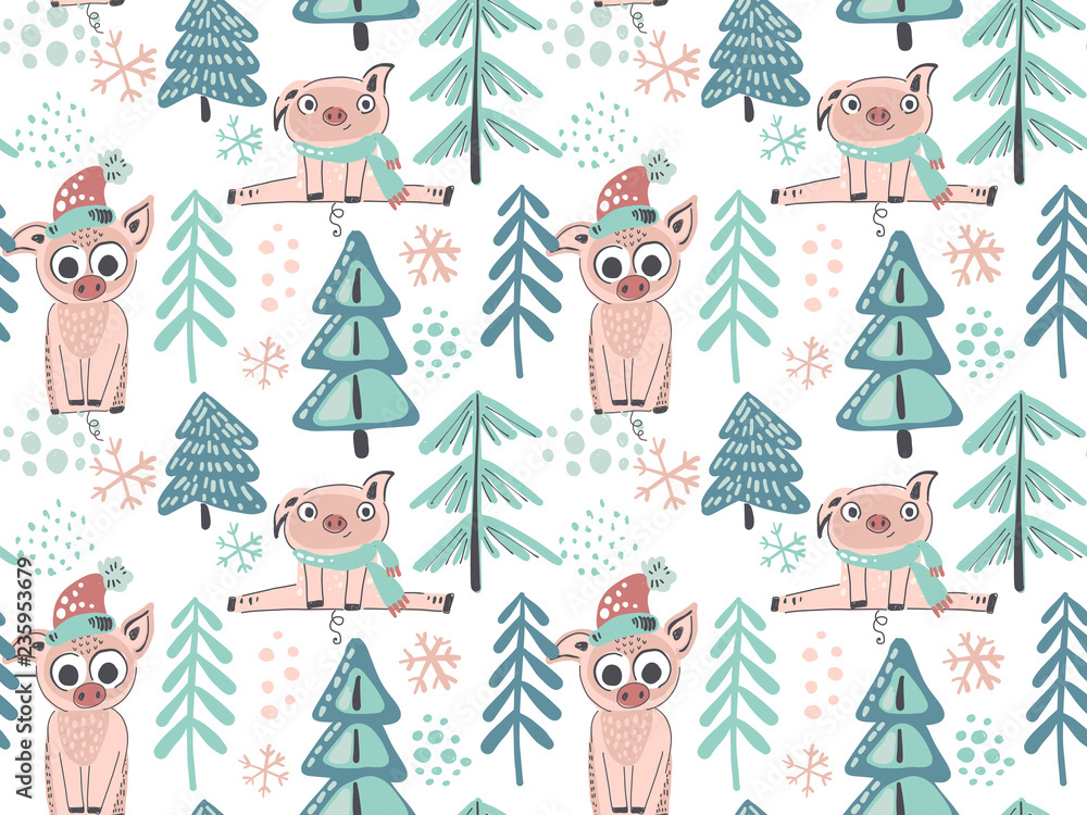 Fototapeta premium Vector seamless pattern with cute piglets