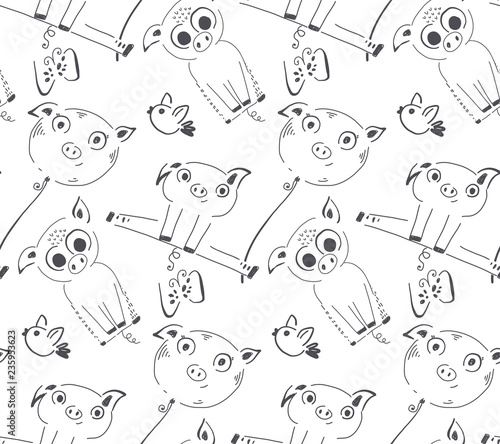 Vector seamless pattern with cute piglets