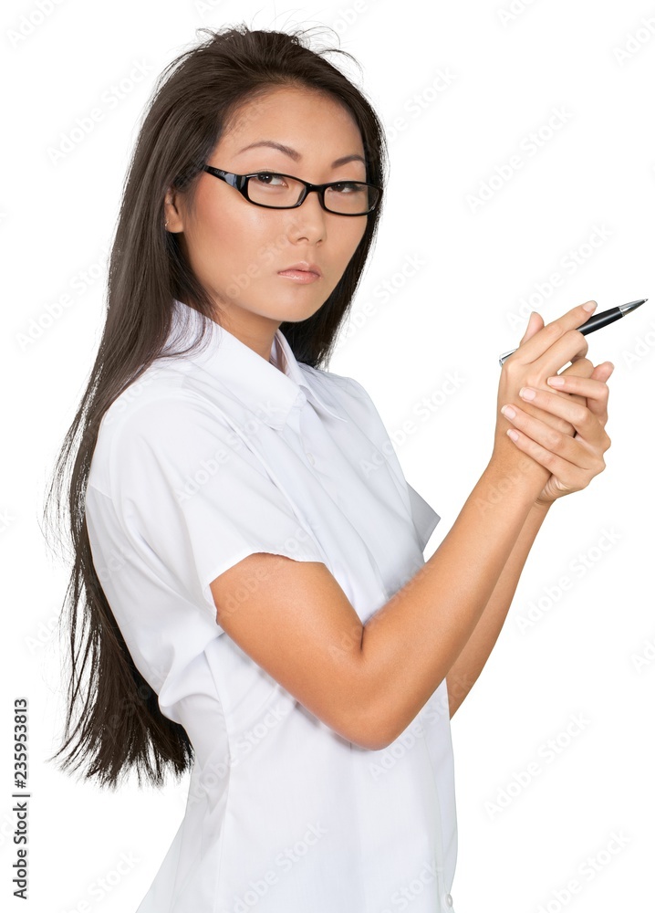 Asian Woman Writing with Pen - Isolated