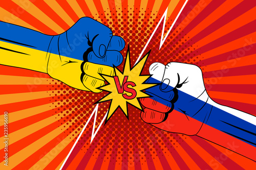 Ukraine and Russia flags.Versus rivalry fist vector background. Boxer punching or clashing fists for disagreement battle