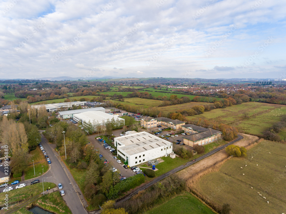 Aerial view of Office Business Park in St Mellons Town in Cardiff, Wales UK