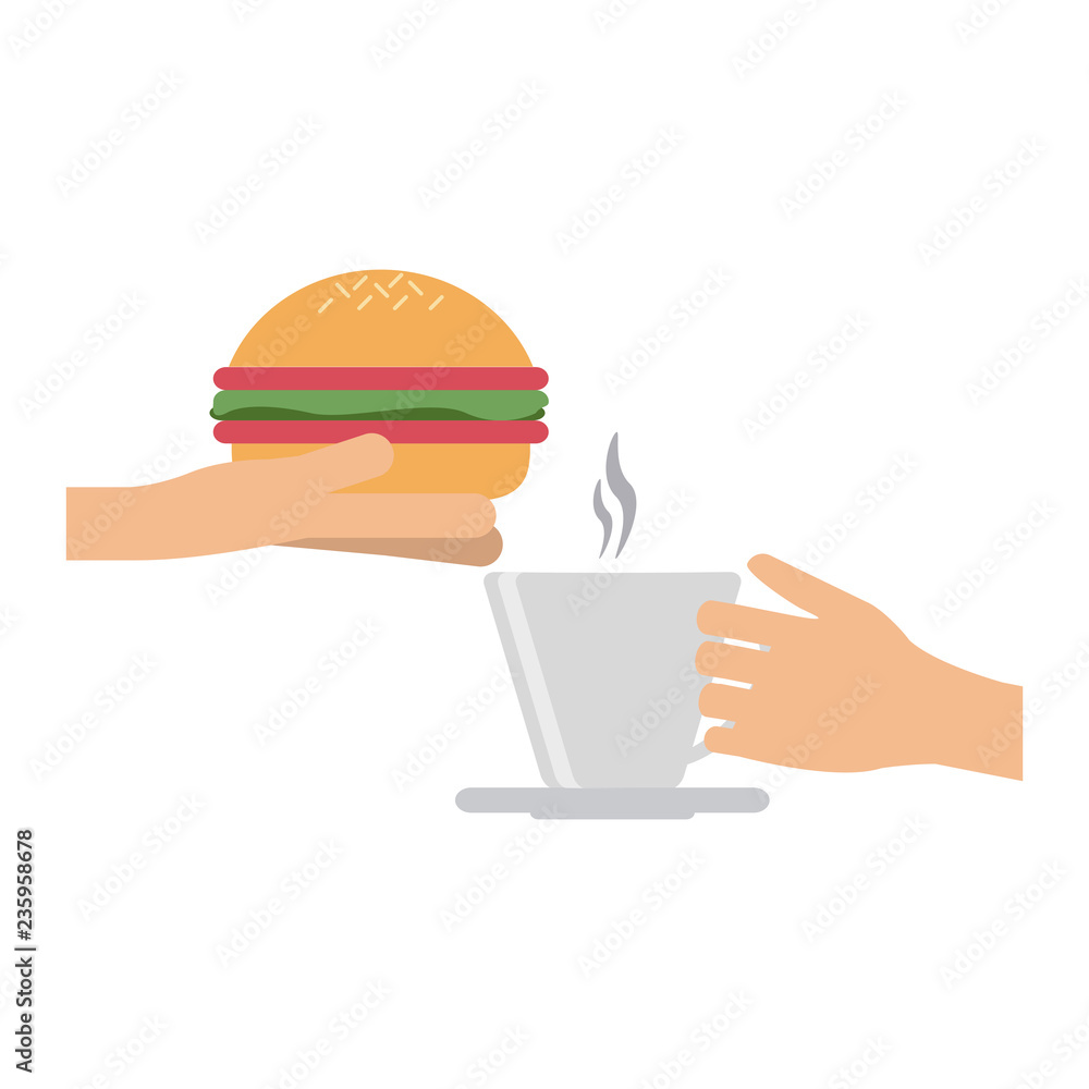 Fototapeta premium hands with burger and coffee cup