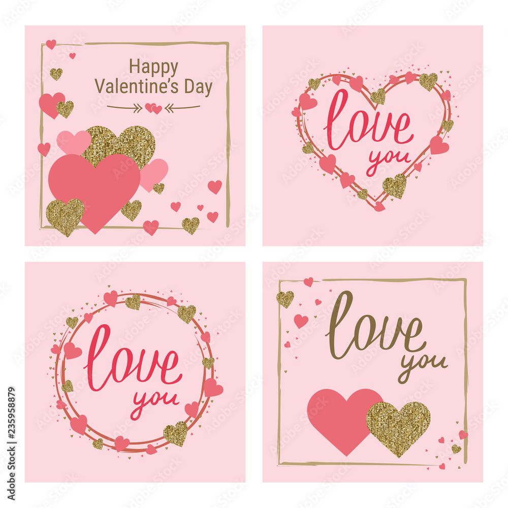 Happy Valentine's Day greeting card set. Love. Gold and pink colors. Poster. Hand drawn heart. Design for wedding. February 14 banner