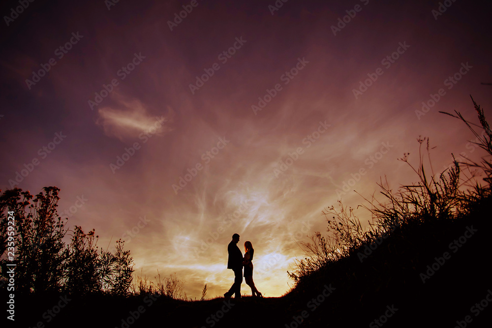 Silhouette of the bride and groom against nature