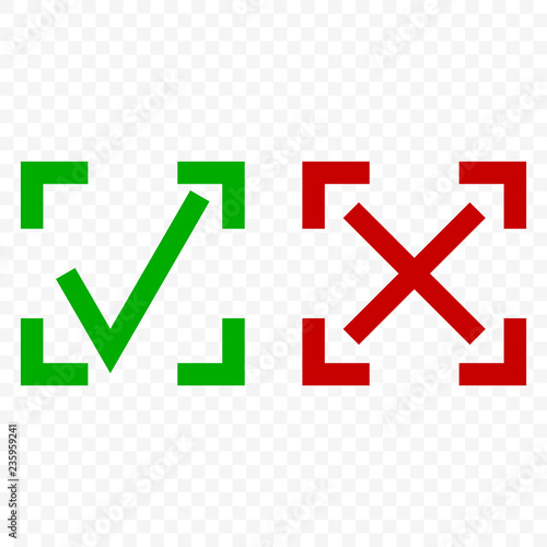 Icon of acceptance and rejection. Tick and cross symbol in square frame on transparent background. Isolated vector.