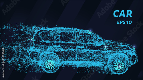 Car of blue glowing dots. The car side view consists of particles.