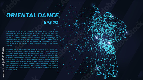 Oriental dance of the blue points of light. Girl dancing Oriental dance. Vector illustration.