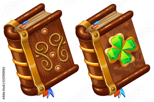 Isometric books of magic spells and witchcraft for computer game decorated four leaf clover for St. Patrick's day with diamonds in cartoon style. Vector illustration. 