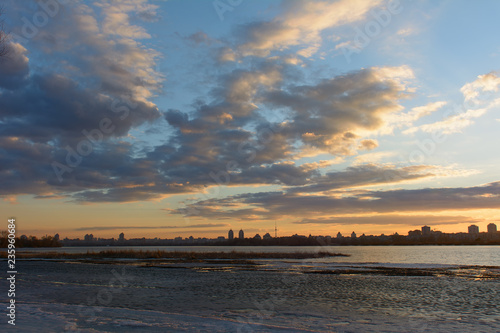 Sunset over the Dnipro river in Kyiv, Ukraine in the early spring