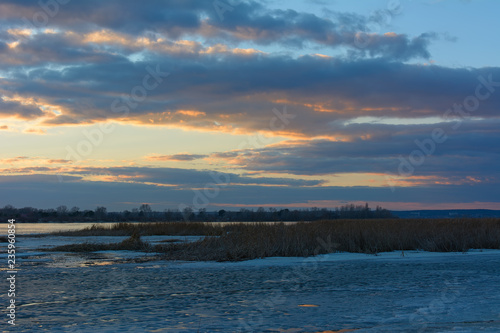 Sunset over the Dnipro river in Kyiv  Ukraine in the early spring