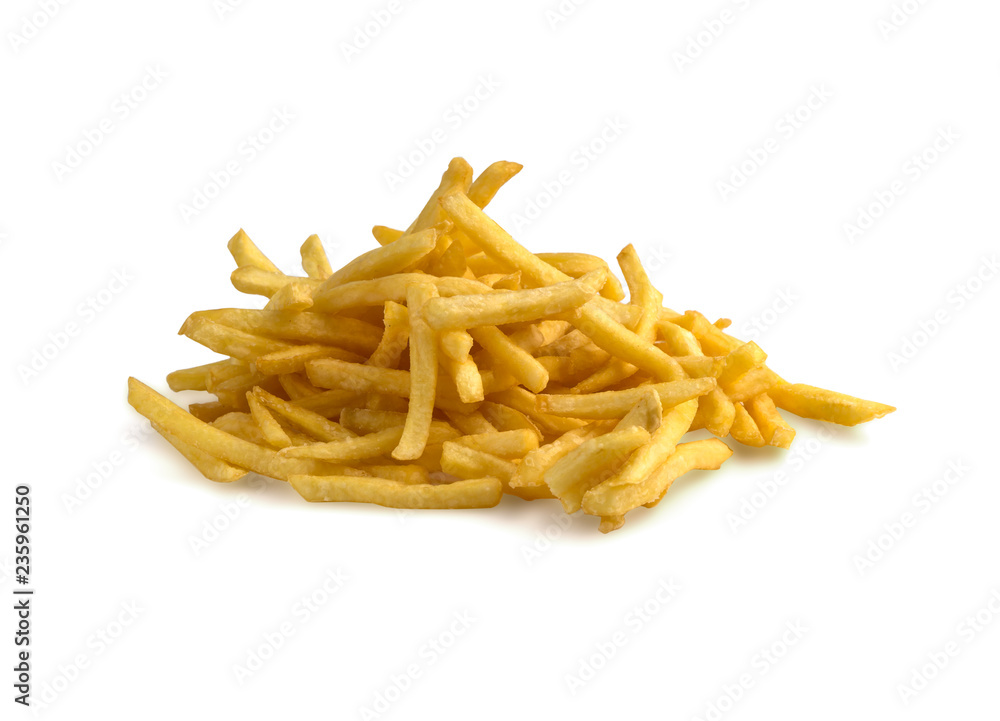 French fries on a white background. A pile of finished french fries close-up on a white background. French fries on a white background. A pile of finished french fries close-up on a white background.