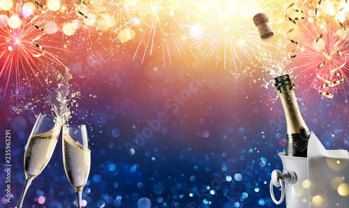 Celebration Toast With Champagne And Fireworks 