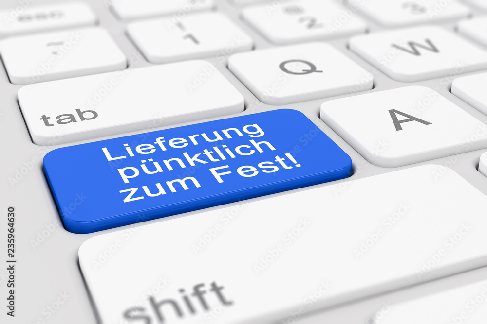Computer-Tastatur mit einer blauen Taste und der Aufschrift Lieferung pünktlich zum Fest Computer-Tastatur mit einer blauen Taste und der Aufschrift Lieferung pünktlich zum Fest