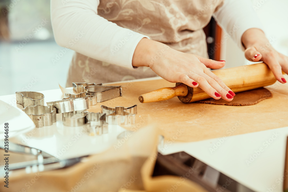 Obraz premium Woman rolls the dough made of gingerbread