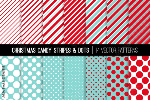 
Christmas Aqua Blue, Red and White Candy Cane Stripes and Polka Dots Vector Patterns. Festive Winter Holiday Backgrounds. Repeating Pattern Tile Swatches Included.
