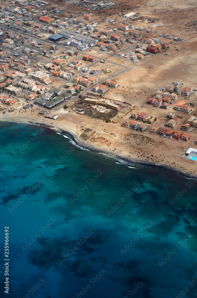 Aerial view of Santa Maria coast from airplane. Island of Sal, Cape Verde